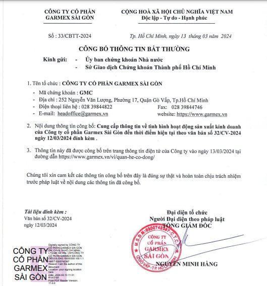 garmex công bố thông tin kinh doanh bđs