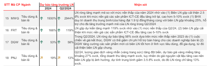 Dự báo lợi nhuận các doanh nghiệp tiêu dùng bán lẻ (MWG, FRT…) trong quý II/2024, Top 1 ‘phi manh’ 2.944%