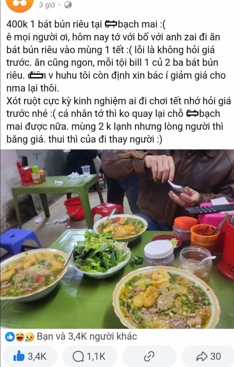 Vụ 3 bát bún riêu có giá 1,2 triêu đồng ngày mùng 1 Tết khiến mạng xã hội 'nổi sóng', đại diện quán lên tiếng