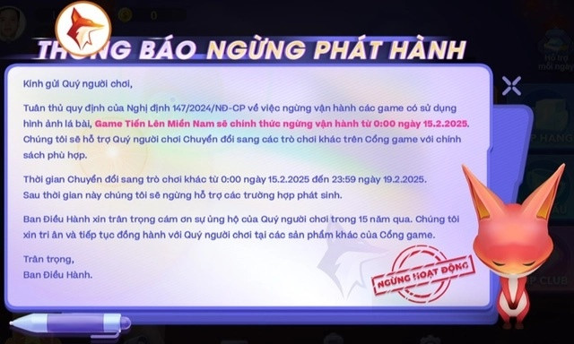 'Kỳ lân' công nghệ VNG (VNZ) bất ngờ thông báo ngừng phát hành các game bài