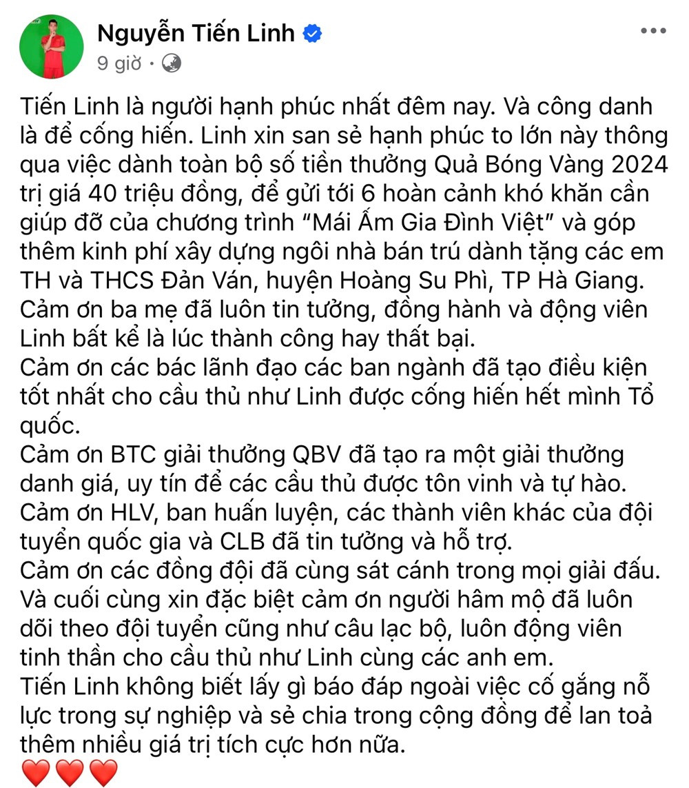 Vừa nhận danh hiệu Quả bóng vàng 2024, Nguyễn Tiến Linh lập tức tuyên bố dành hết tiền thưởng để làm từ thiện và xây dựng nhà bán trú tặng trẻ em vùng cao - ảnh 2