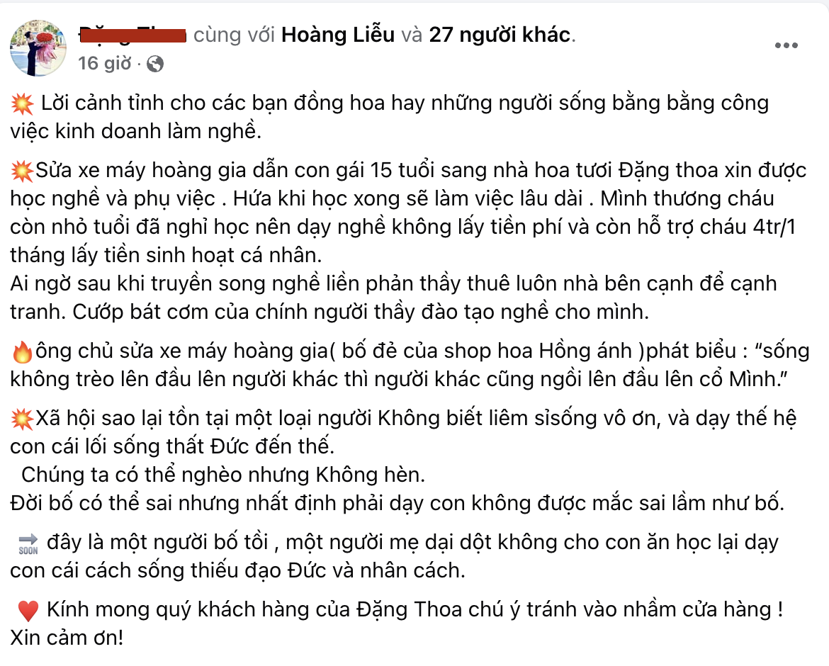 Chủ tiệm hoa Hạ Long ‘tố’ học trò ‘giành miếng cơm’: Vừa truyền nghề xong đã mở tiệm sát vách, cay đắng nhất là lời ông bố