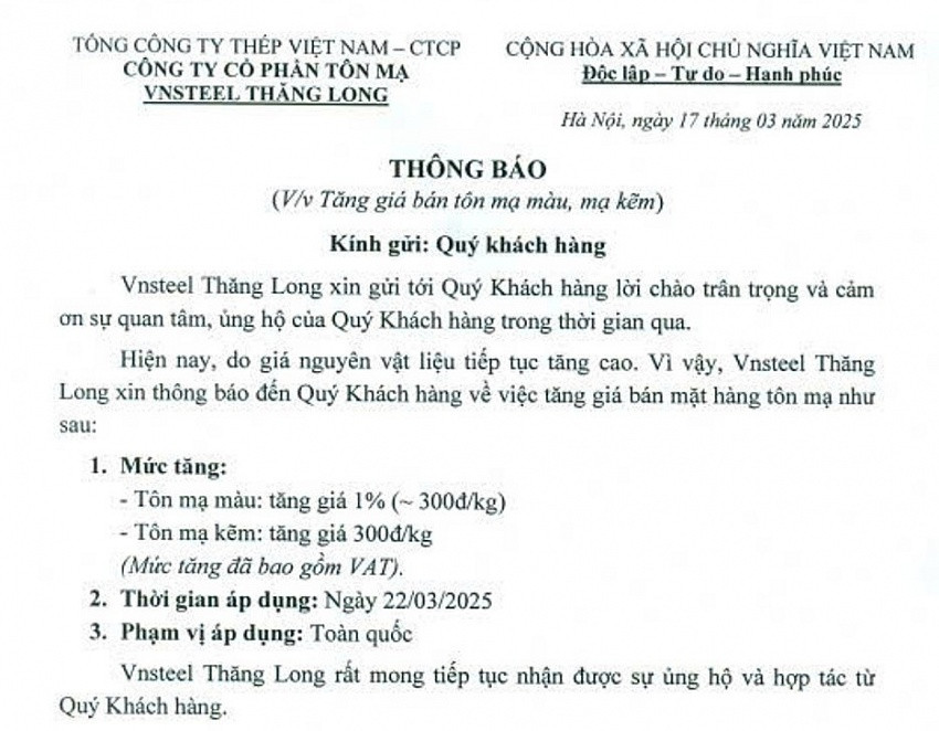 VNSteel Thăng Long tăng mạnh giá tôn mạ sau khi EU 'giáng đòn' thuế lên thép HRC Việt Nam