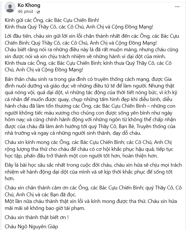Nam sinh vô lễ với cựu chiến binh viết tâm thư xin lỗi, phản ứng của cộng đồng mạng 'gây sốc' - ảnh 2